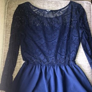 Navy Blue Long Sleeve Lace Panel Back Dress - Formal, evening, prom